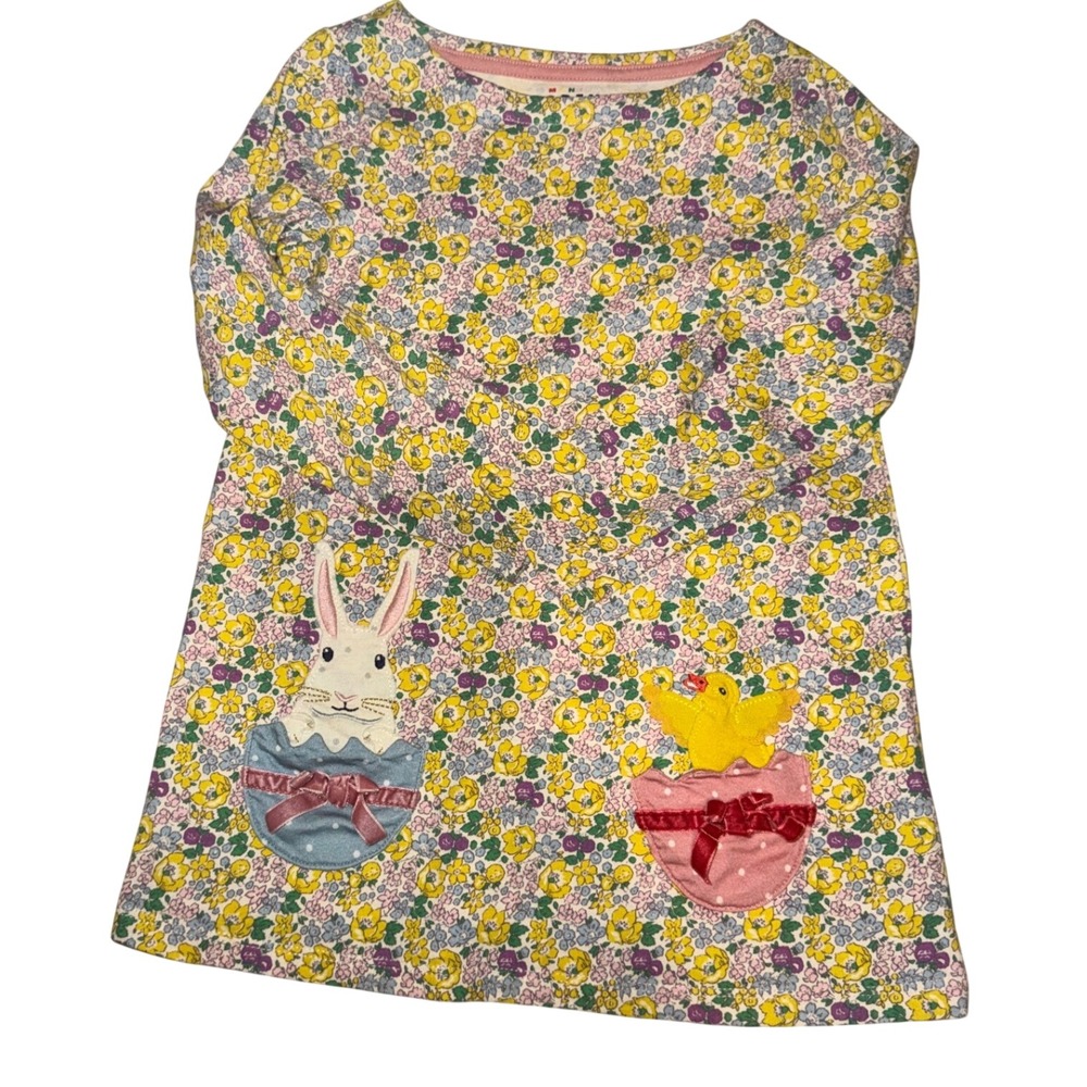 Mini Boden Girls Floral Bunny Chick Dress Yellow Pink 4-5Y